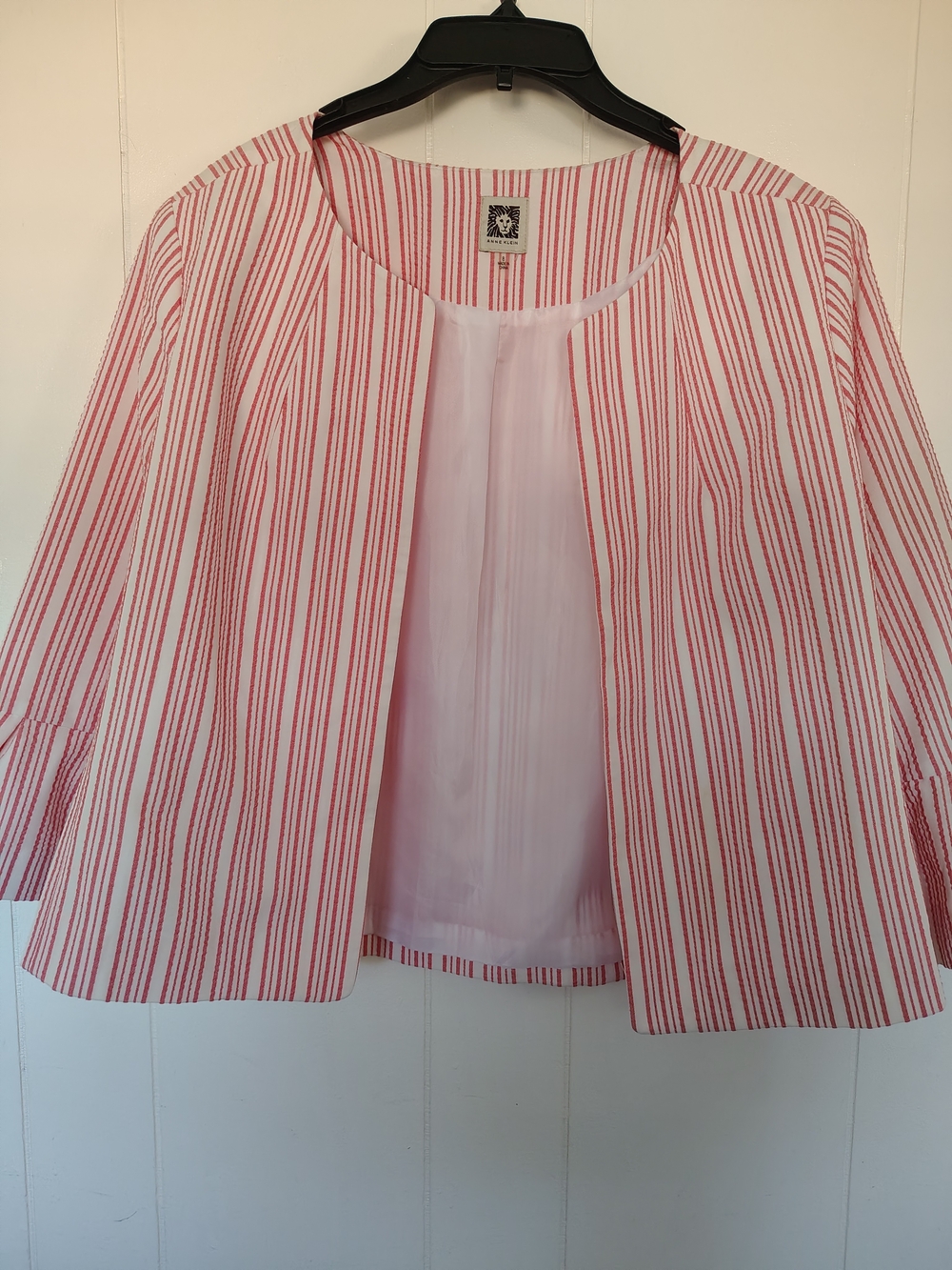 Anne Klein Pink White Striped Seersucker Open Front Cropped Blazer Jacket Sz 8